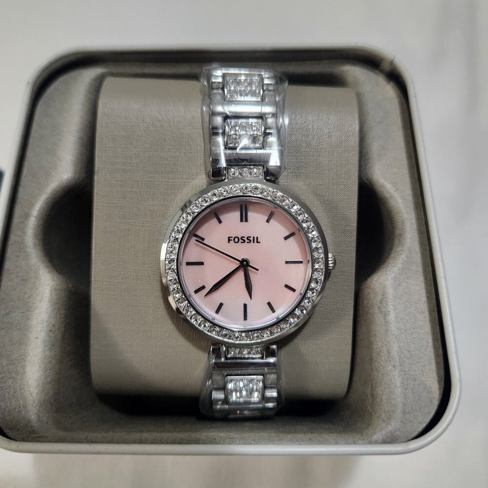 NWT Women's  Fossil Jesse Stainless Steel Silver Bracelet Watch Studded Crystal